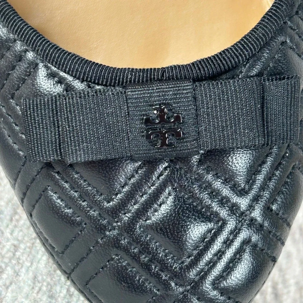 Tory Burch Marion Quilted Ballet Flats Black Nappa Leather Bow 9.5M 43080
